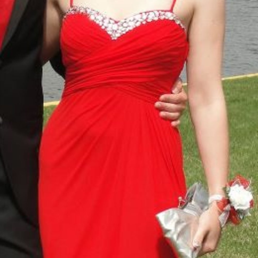 Red Prom Dress with Silver Gems and Leg Slit